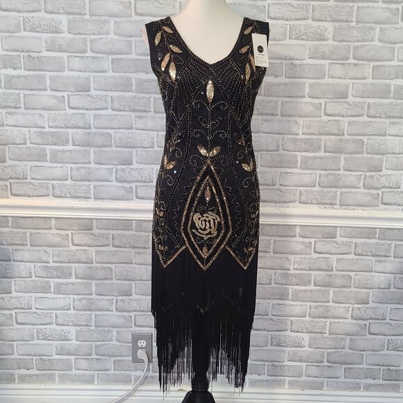 Black Beaded Sequined Dress Fringed Gatstby Flapper 20s Cosplay NEW Med Metme - Picture 10 of 10